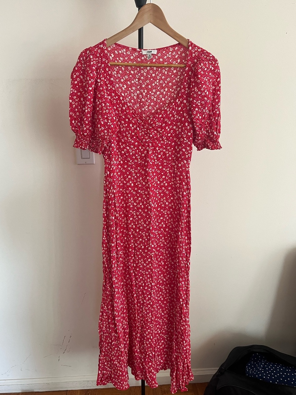 Mavi Red Floral Midi Dress with Puff Sleeves